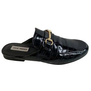 Steve Madden Black Croc Embossed Slip On Mules Horsebit Slides 8.5M GUC